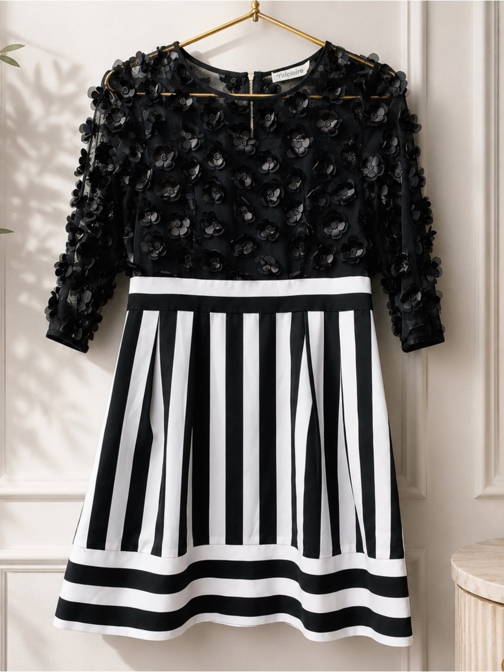 Vvictorie Black & White Striped Floral Dress size 6